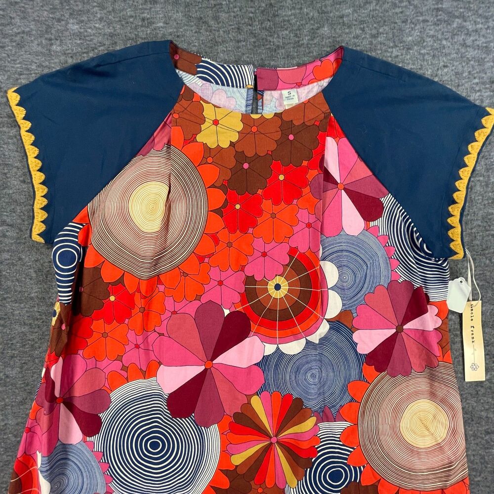Uncle Frank Retro Geometric Floral Pink Blue Cotton Top S 70's Tunic Festival - Picture 4 of 9